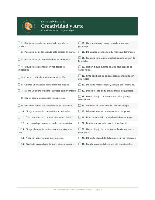 Página interior del cuaderno: categoría Creatividad y Arte
