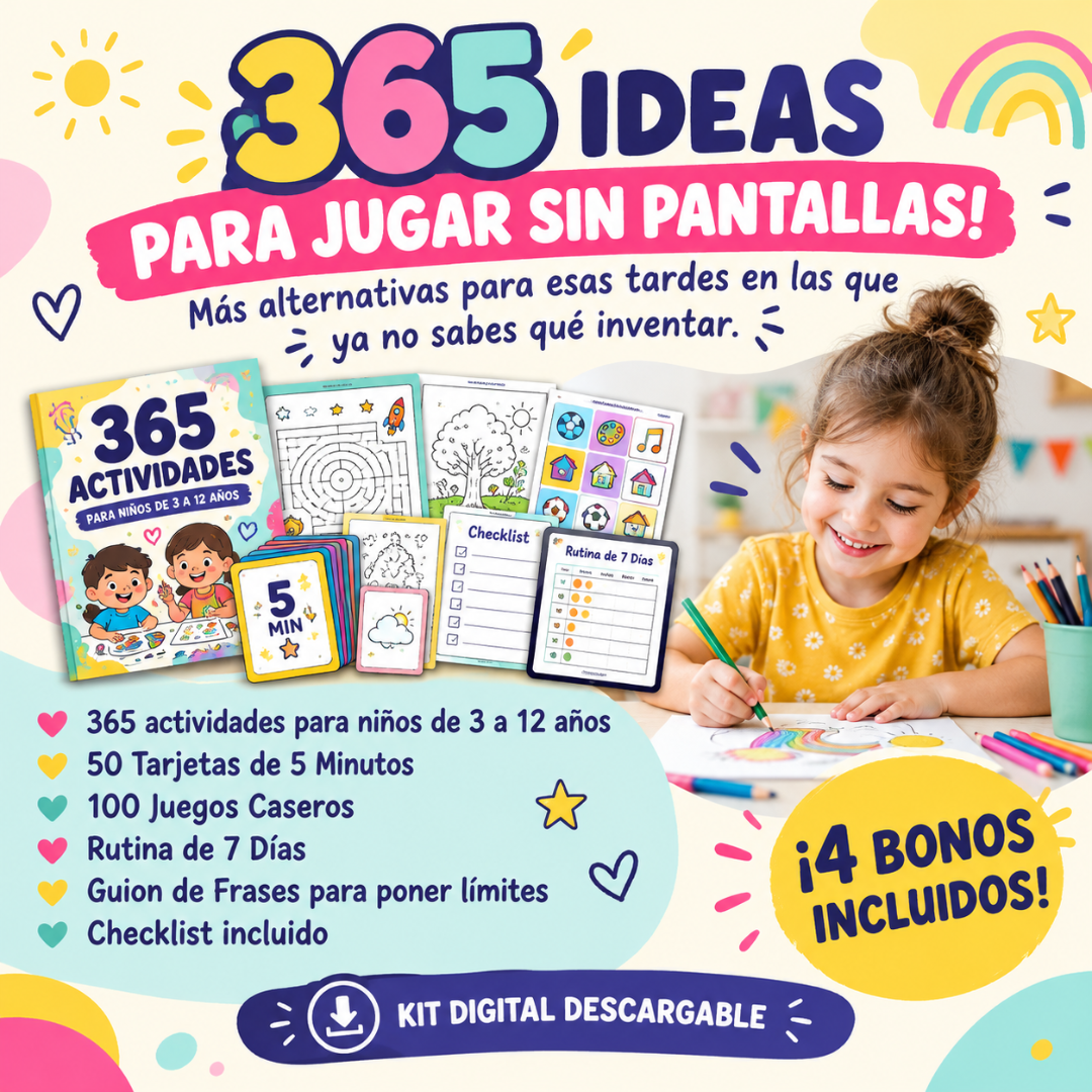 Kit de 365 Actividades para Niños de 3 a 12 Años que Ayudan a Soltar la Pantalla sin Rabietas: cuaderno, tarjetas de 5 minutos, juegos caseros, rutina de 7 días y guion de frases, junto a una niña coloreando